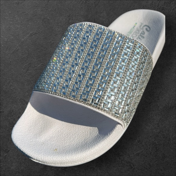 Skechers Vegan Cali Pop Ups New Spark White and Silver Slide Luxe Foam Sandals - Picture 7 of 17